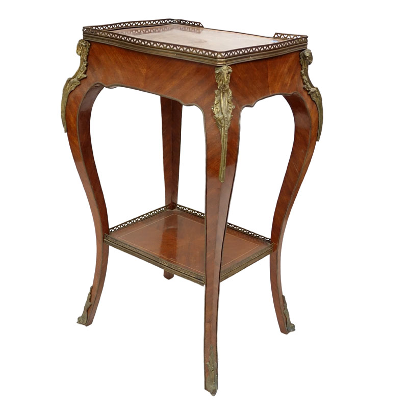 20th Century Louis XV Style Bronze Mounted Marquetry Inlaid Side Table with Drawer. Floral marquetry inlaid top with gallery, lower shelf stretcher also with gallery, and goat figural mountings along each leg.