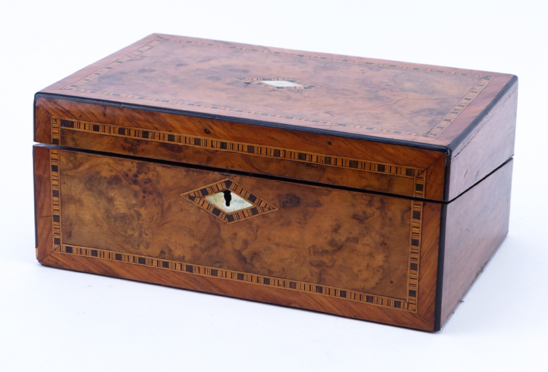 Antique English Writing Box. This box features burled wood with inlaid marquetry and mother of pearl.