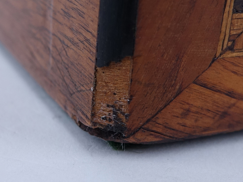 Antique English Writing Box. This box features burled wood with inlaid marquetry and mother of pearl.