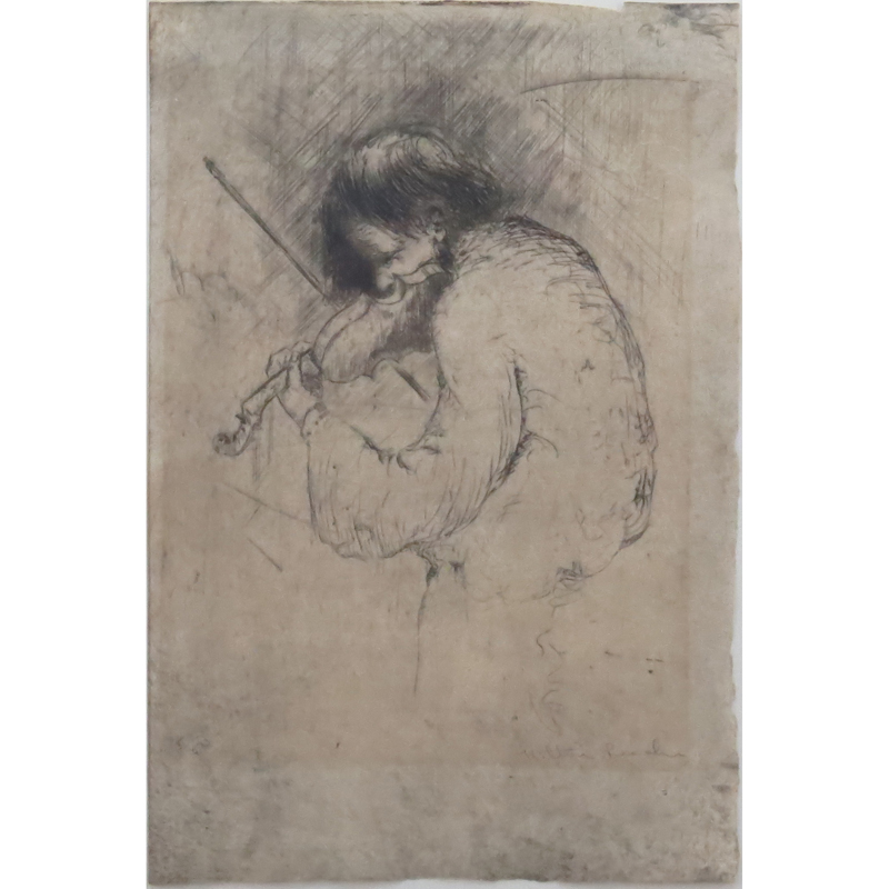 Hilton Leech, American (1906-1969) Abstract Etching "Old Violinist" Pencil Signed Lower Right. Depicts a portrait of an old violinist playing his instrument.
