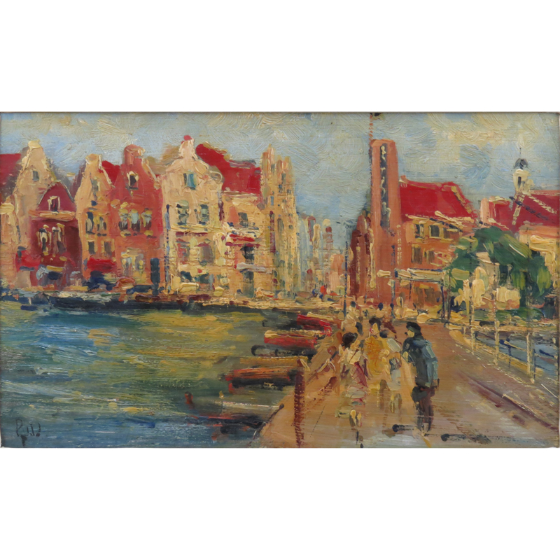 20th Century French School Impressionist Style Oil On Panel "French Port". Signed lower right.
