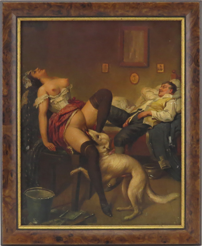 Early 20th Century Continental School Erotic Oil on Artist Board. Unsigned.