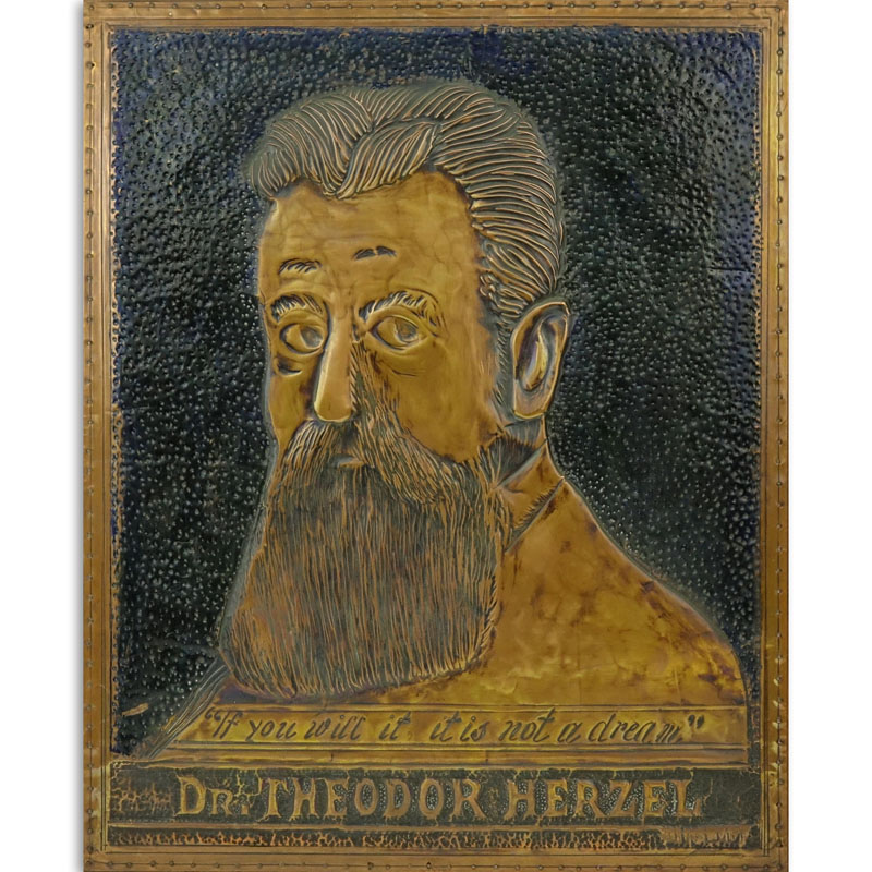 Philip Levitan (20th C) Judaica Hand Hammered Copper Portrait of Dr. Theodor Herzel/Herzl "If You Believe It Will Not Be A Dream" Signed lower right.