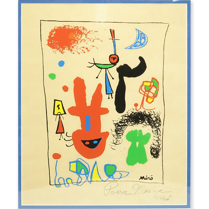 After: Joan Miro, Spanish   (1893 - 1983) Abstract Poster, Signed and Inscribed "Pour Marie" Lower Right. Good condition.