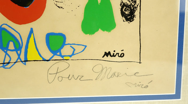After: Joan Miro, Spanish   (1893 - 1983) Abstract Poster, Signed and Inscribed "Pour Marie" Lower Right. Good condition.