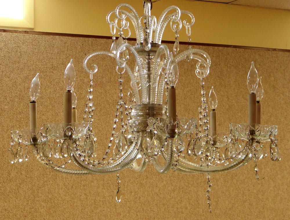 Early 20th Century Cut Crystal Glass Eight (8) Arm Chandelier with Teardrop Prisms. Possibly Waterford.