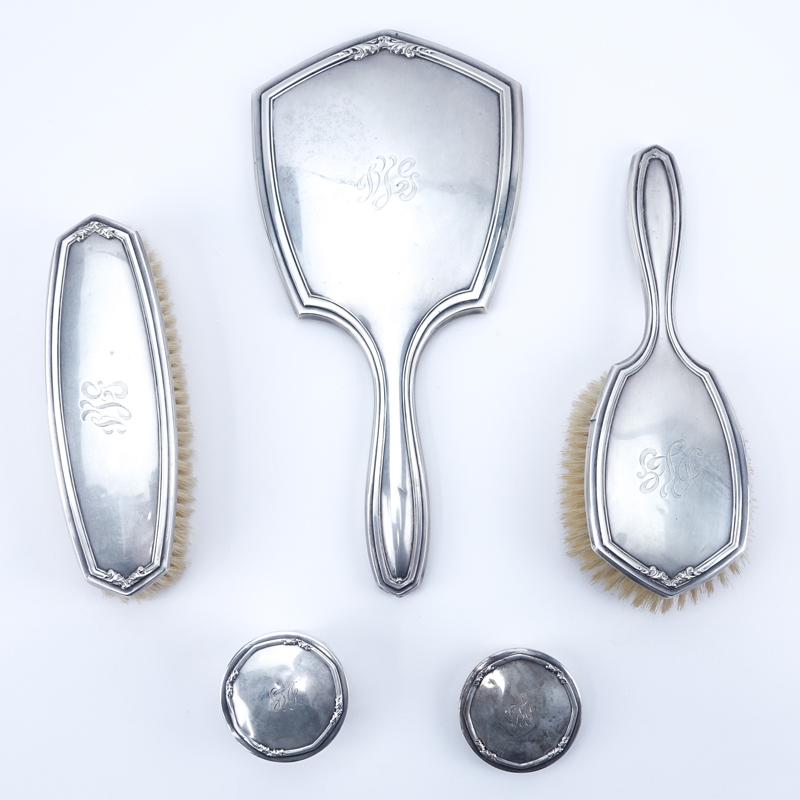 Five (5) Piece Antique Sterling Silver Dresser Set. Includes 2 brushes, mirror, jar and lid of jar.