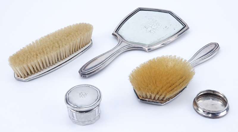 Five (5) Piece Antique Sterling Silver Dresser Set. Includes 2 brushes, mirror, jar and lid of jar.