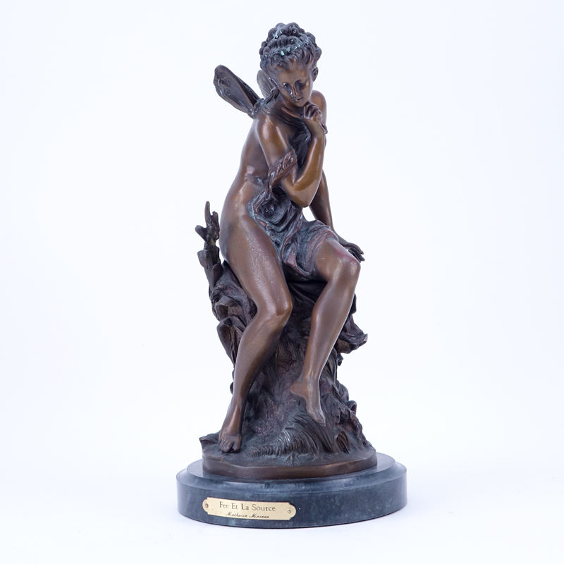 After: Mathurin Moreau, French (1822-1912) "Fee Et La Source" Bronze Sculpture on Green Marble Base. Signed in the cast and brass tag affixed to base.
