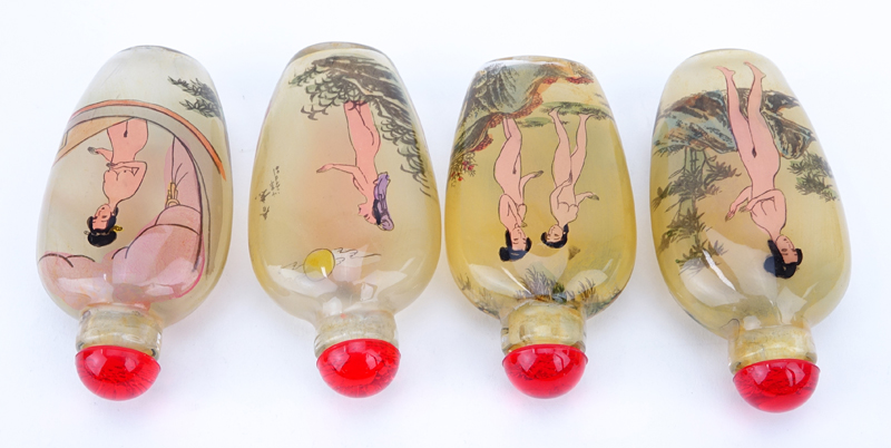 Collection of Four (4) Chinese Reverse Painted Glass Snuff Bottles. Each feature nude erotic scenes.