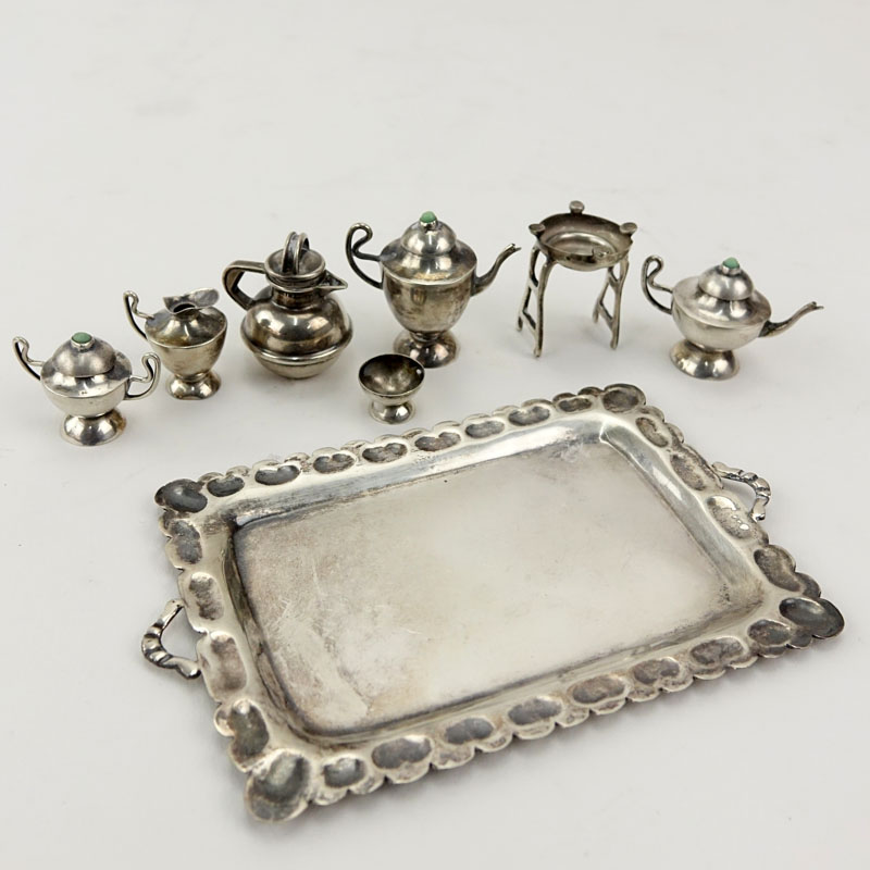 Eight (8) Piece Miniature Mexican Sterling Silver Coffee Set. Marked 925.