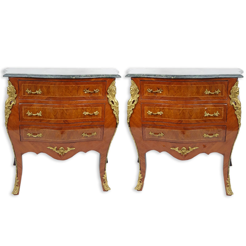 Pair of 20th Century Louis XVI Style Marquetry Inlaid and Gilt Bronze Mounted, Green Marble Top Night Stands/ Chest of Drawers. Serpentine form with three fitted drawers, gilt figures flaked at the corners, standing on tapering legs.