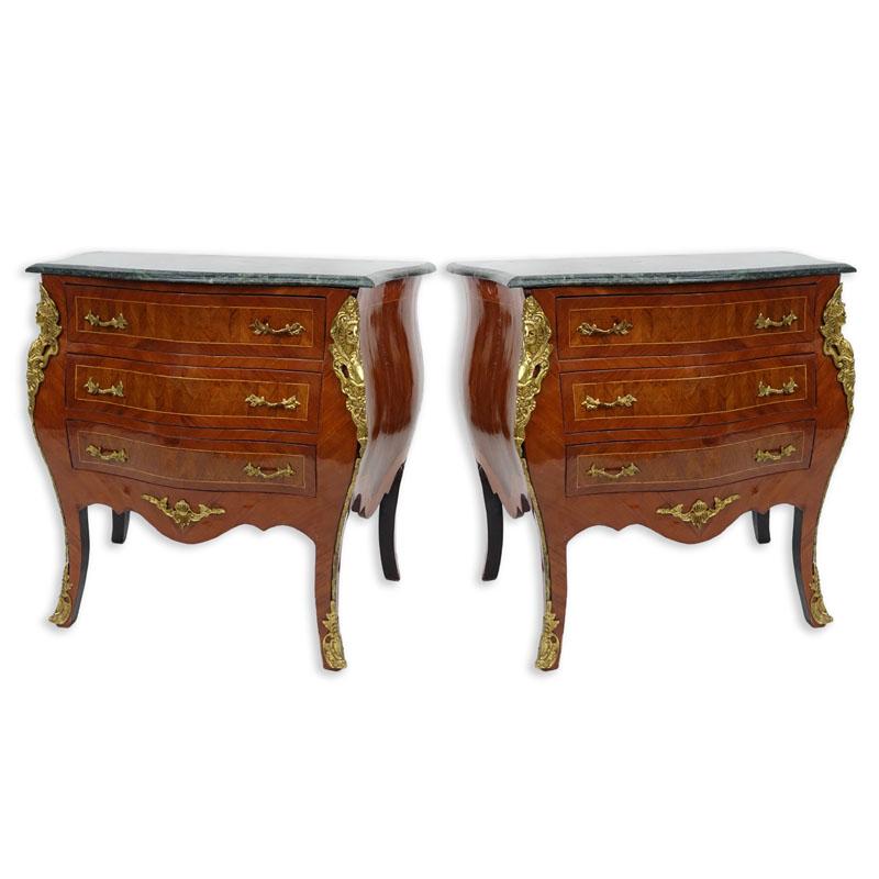 Pair of 20th Century Louis XVI Style Marquetry Inlaid and Gilt Bronze Mounted, Green Marble Top Night Stands/ Chest of Drawers. Serpentine form with three fitted drawers, gilt figures flaked at the corners, standing on tapering legs.