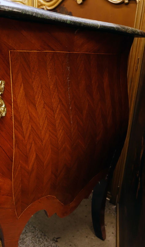 Pair of 20th Century Louis XVI Style Marquetry Inlaid and Gilt Bronze Mounted, Green Marble Top Night Stands/ Chest of Drawers. Serpentine form with three fitted drawers, gilt figures flaked at the corners, standing on tapering legs.