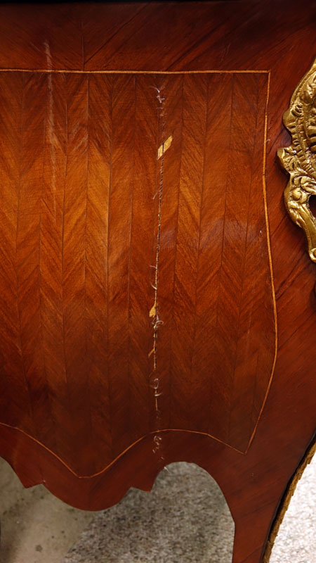 Pair of 20th Century Louis XVI Style Marquetry Inlaid and Gilt Bronze Mounted, Green Marble Top Night Stands/ Chest of Drawers. Serpentine form with three fitted drawers, gilt figures flaked at the corners, standing on tapering legs.