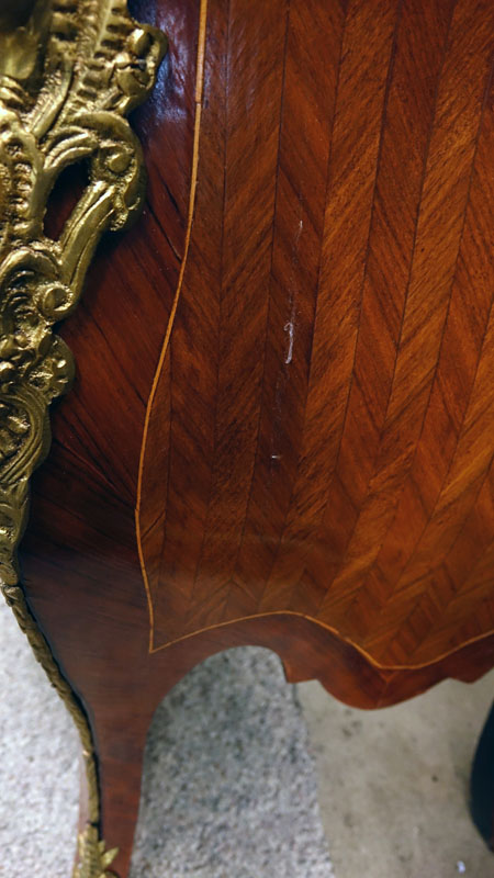 Pair of 20th Century Louis XVI Style Marquetry Inlaid and Gilt Bronze Mounted, Green Marble Top Night Stands/ Chest of Drawers. Serpentine form with three fitted drawers, gilt figures flaked at the corners, standing on tapering legs.