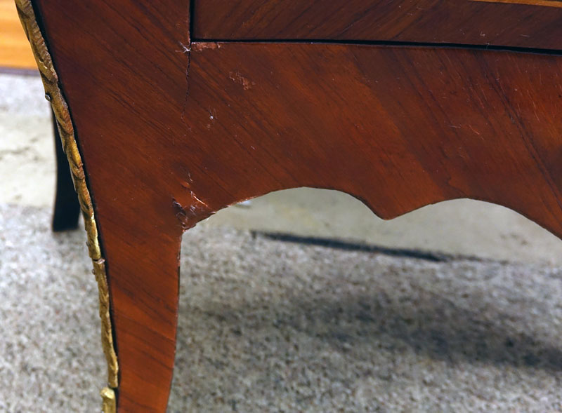 Pair of 20th Century Louis XVI Style Marquetry Inlaid and Gilt Bronze Mounted, Green Marble Top Night Stands/ Chest of Drawers. Serpentine form with three fitted drawers, gilt figures flaked at the corners, standing on tapering legs.