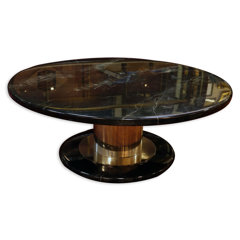Mid Century Modern Black Marble Lacquer and Chrome Round Coffee Table. Typical scuffs to top otherwise good condition.