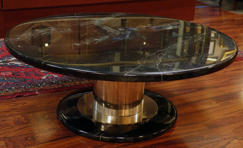 Mid Century Modern Black Marble Lacquer and Chrome Round Coffee Table. Typical scuffs to top otherwise good condition.