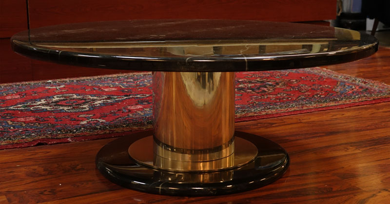 Mid Century Modern Black Marble Lacquer and Chrome Round Coffee Table. Typical scuffs to top otherwise good condition.