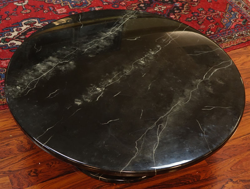 Mid Century Modern Black Marble Lacquer and Chrome Round Coffee Table. Typical scuffs to top otherwise good condition.