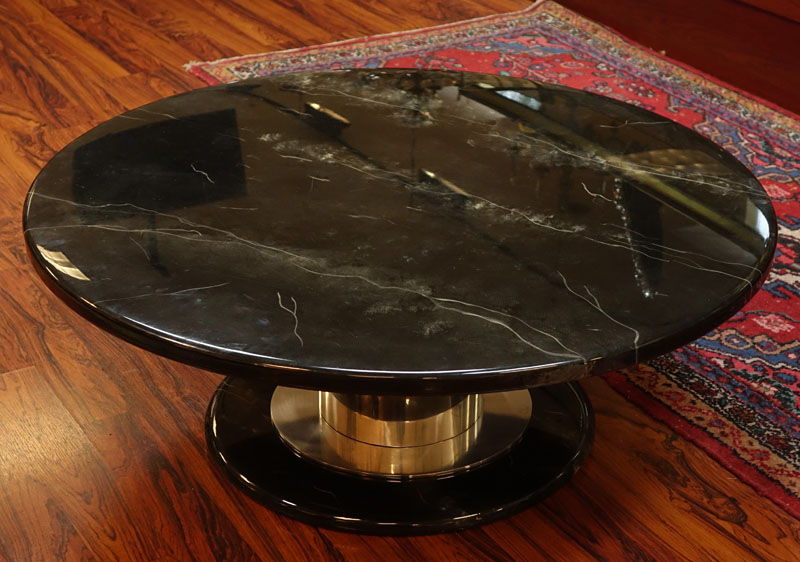 Mid Century Modern Black Marble Lacquer and Chrome Round Coffee Table. Typical scuffs to top otherwise good condition.