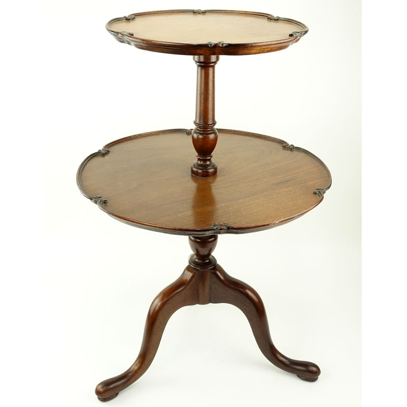 Mid Century Chippendale Style Two tiered Pie Crust Table. Decorated with scalloped edges and three cabriole style legs.