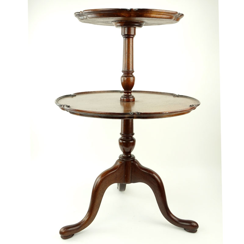 Mid Century Chippendale Style Two tiered Pie Crust Table. Decorated with scalloped edges and three cabriole style legs.