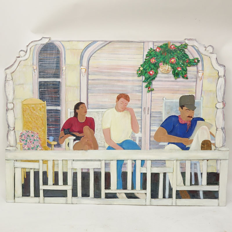 Contemporary Hand Painted Wood Painting. Depicts a porch scene.