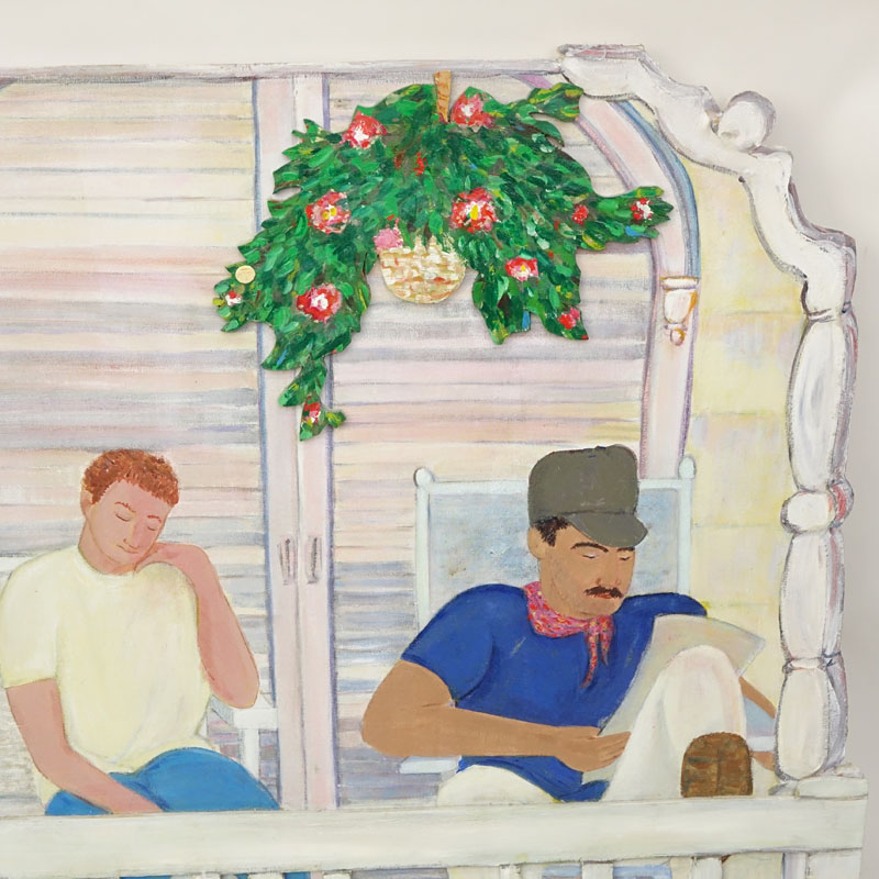 Contemporary Hand Painted Wood Painting. Depicts a porch scene.