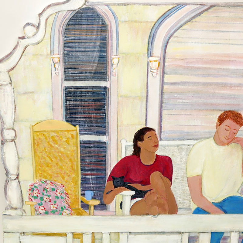 Contemporary Hand Painted Wood Painting. Depicts a porch scene.
