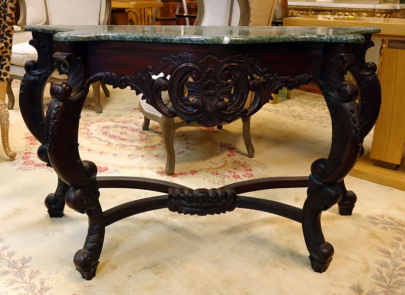 20th Century Carved Mahogany, Marble Top Console Table. Good condition.