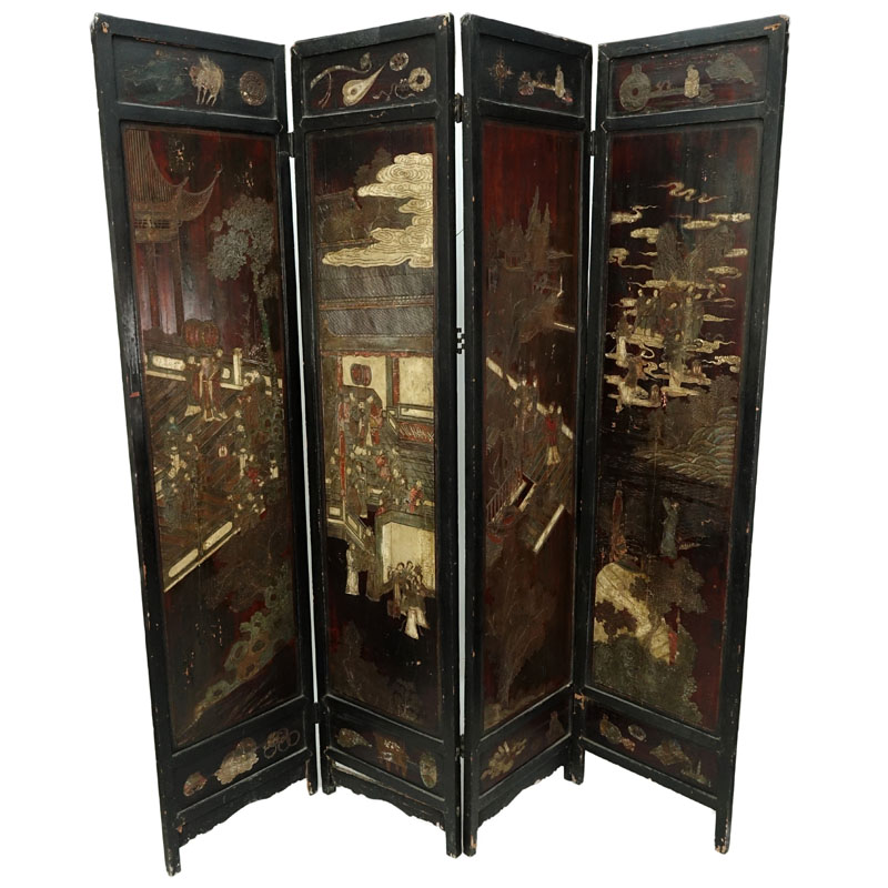 Antique Chinese Carved Wood Polychrome Four (4) Panel Screen. Carved with traditional Chinese scenes.