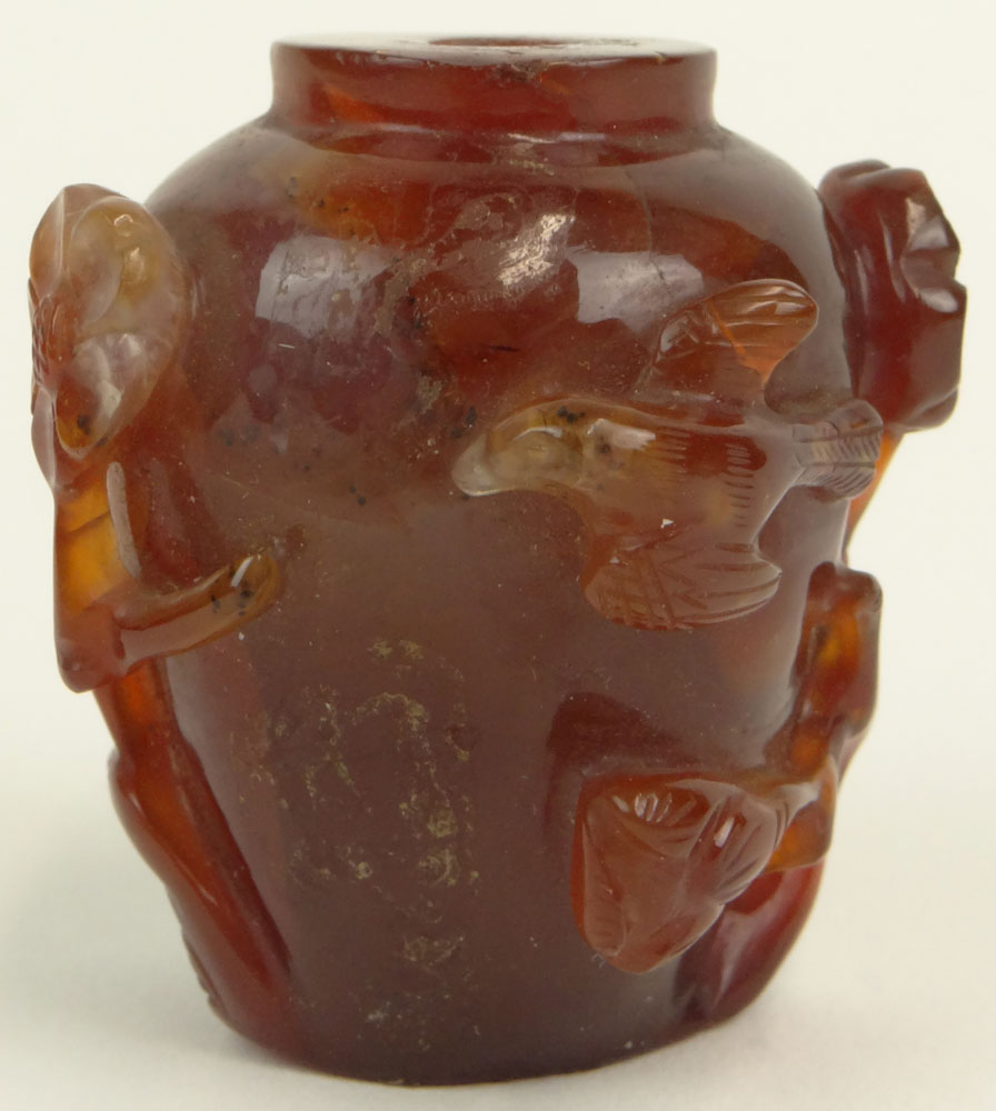 Chinese Relief Carved Carnelian Snuff Bottle. Unsigned.