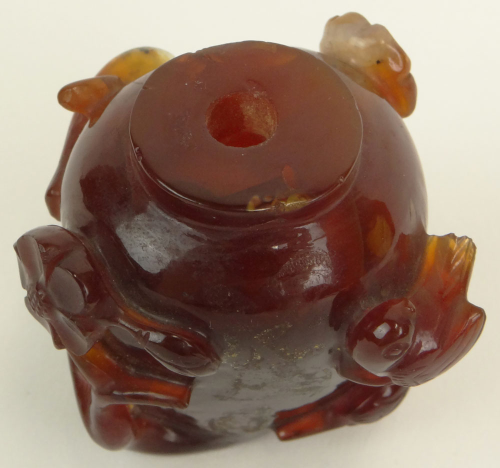 Chinese Relief Carved Carnelian Snuff Bottle. Unsigned.