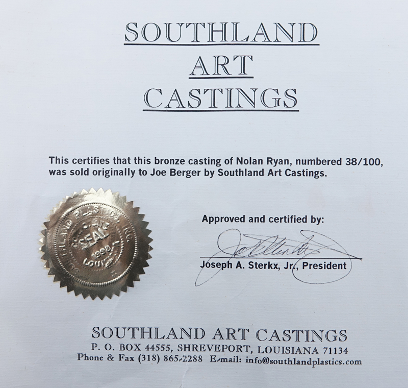 A Bronze Sculpture of Nolan Ryan Mounted on Wooden Base by Southland Art Castings. Includes original COA, Sticker label to base numbered 38/100, and tag inscribed "Nolan Ryan" to base.