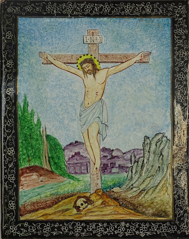 Vintage Enamel on Copper Plaque "The Crucifixion of Jesus" Unsigned. Small Loss Upper Left Corner.