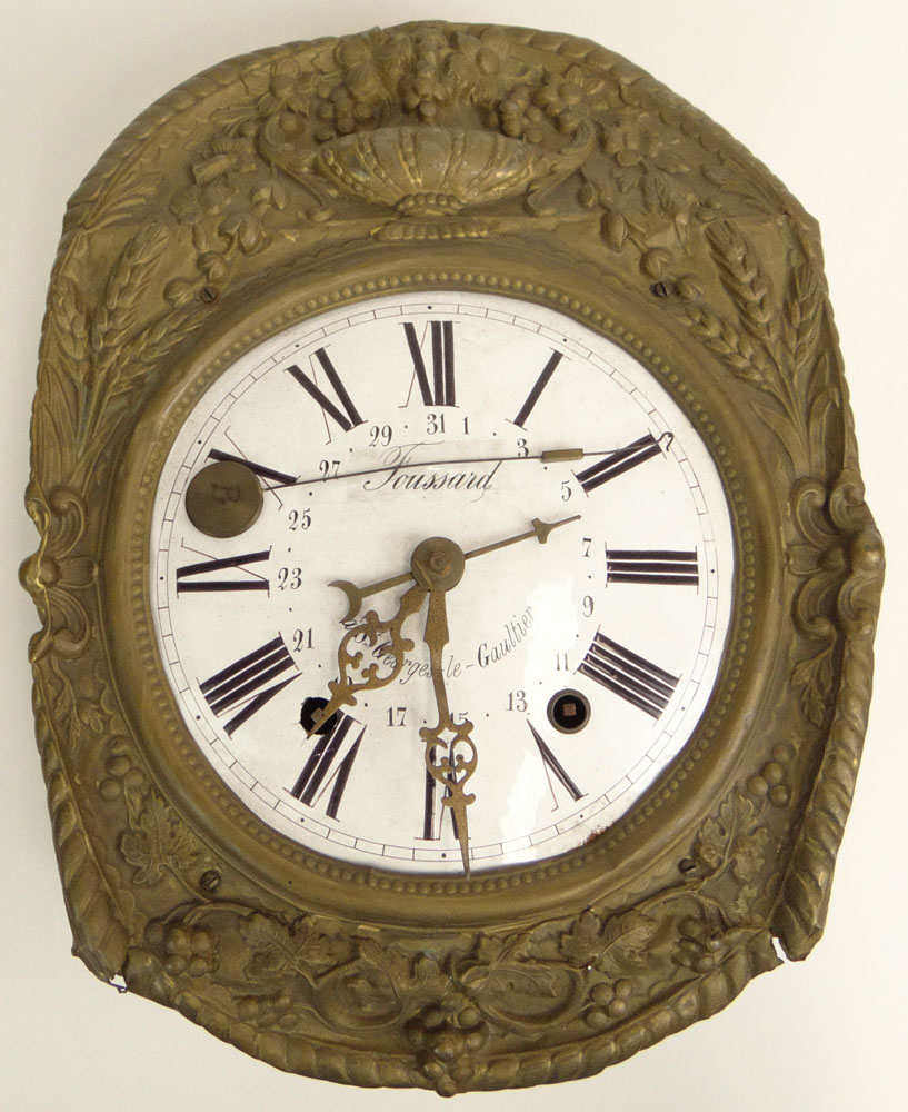 18/19th Century French Morbier Clock also Known as a Wag on the Wall Clock. Enamel Dial Signed Foussard, a St.