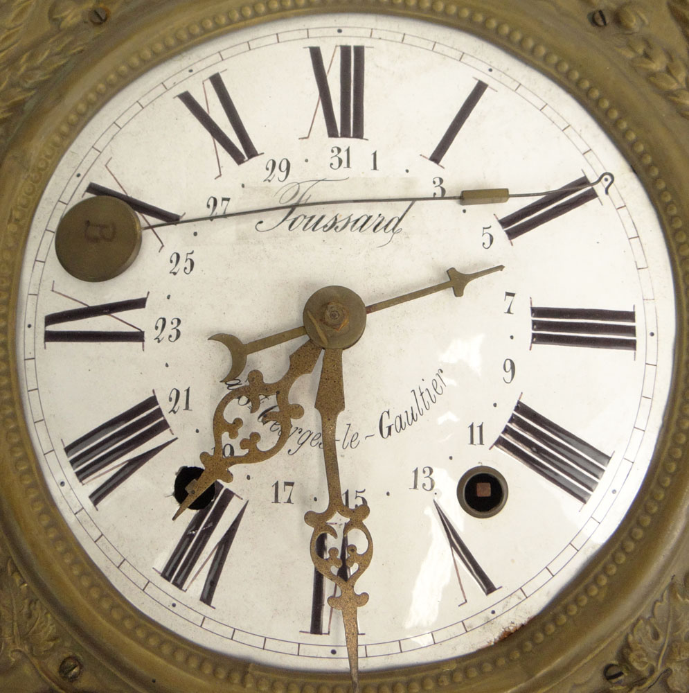 18/19th Century French Morbier Clock also Known as a Wag on the Wall Clock. Enamel Dial Signed Foussard, a St.
