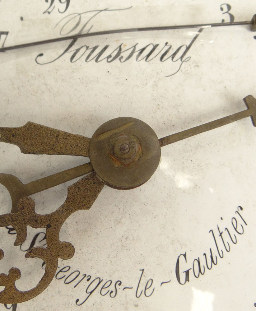 18/19th Century French Morbier Clock also Known as a Wag on the Wall Clock. Enamel Dial Signed Foussard, a St.
