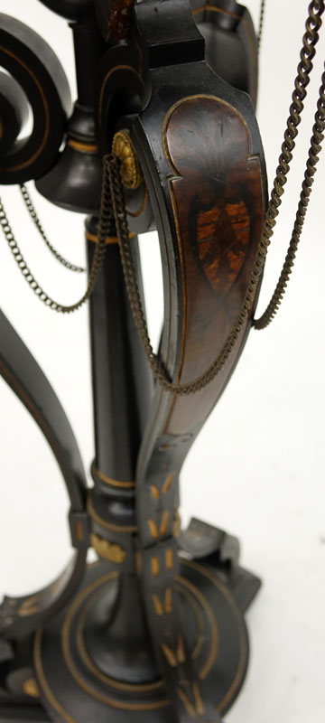 Possibly Herter Brothers Carved Wood, Marquetry, Bronze Mounted Pedestal Table. Nice gilt details and marquetry decorated legs.