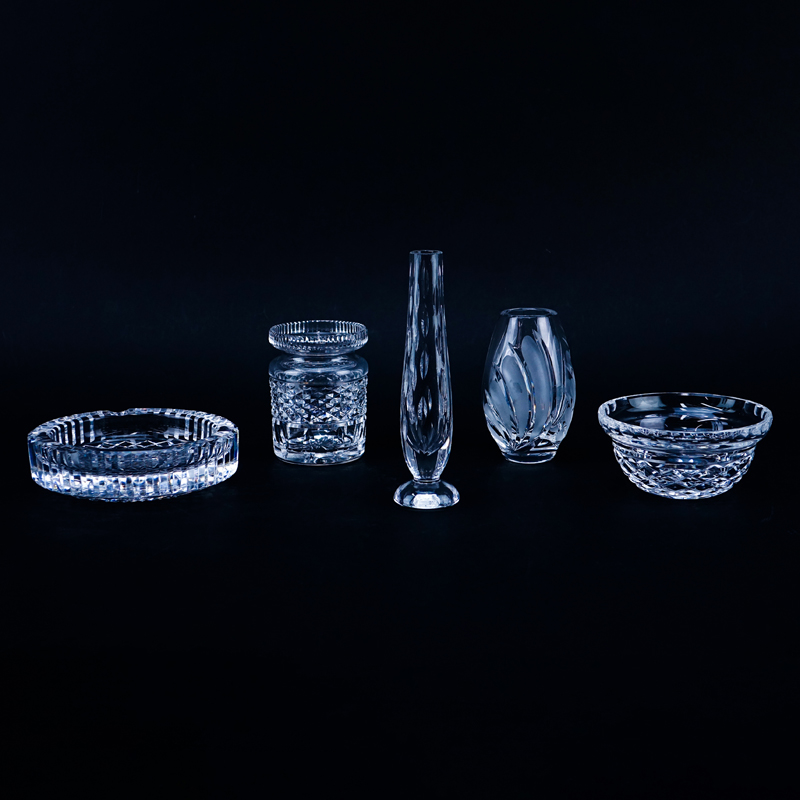 Grouping of Five (5) Waterford Crystal Tableware. Includes: bud vase, ashtray, Marquis vase, bowl, and jar.