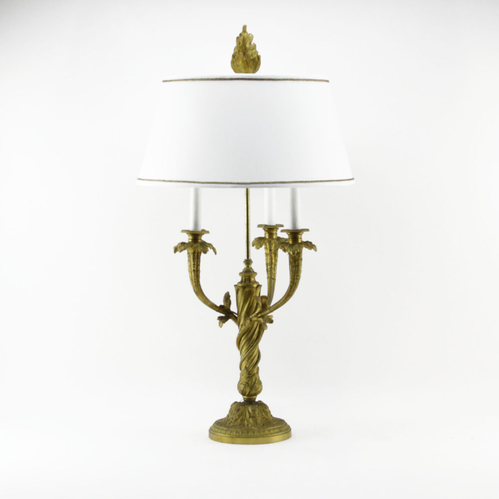 19th Century Louis XV Style Gilt Bronze Three Arm Candelabra Mounted as Lamp. Foliage to arm, twisted center stem.