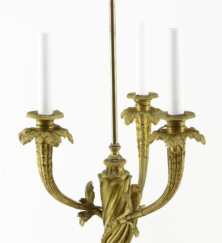 19th Century Louis XV Style Gilt Bronze Three Arm Candelabra Mounted as Lamp. Foliage to arm, twisted center stem.