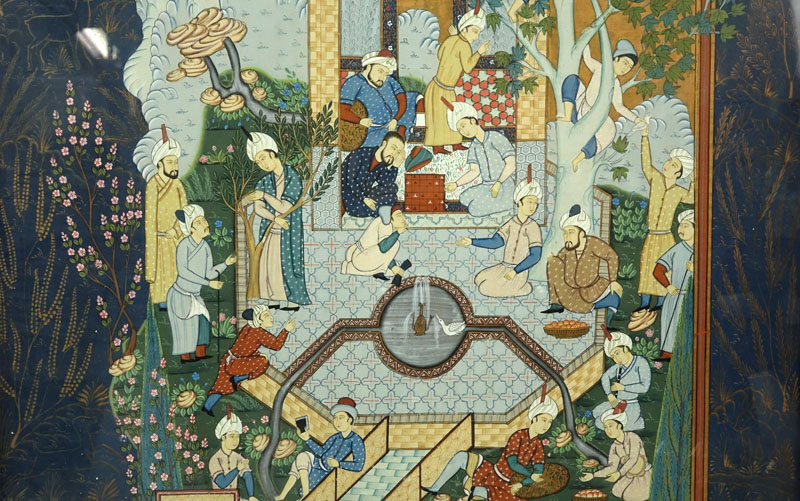 Large Antique Persian Painting on Cloth, Interior Scene with Figures. Good condition.