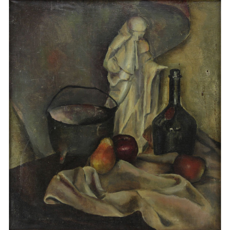 20th Century Oil on Canvas "Anglican Still Life". Inscribed verso "Marshall" Brass tag on front with title and J.