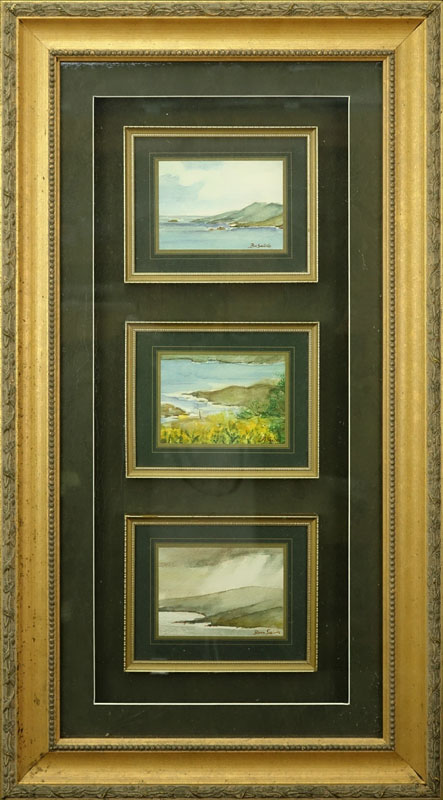 Barbara Von Seida, New Zealand (20th Century) Triptych Watercolours of Ocean Views in a Single Frame. Each signed lower right.