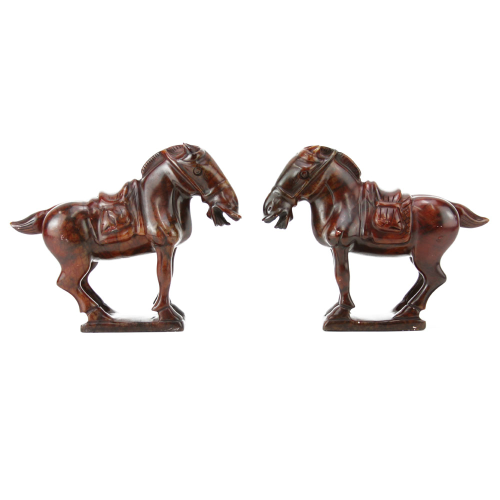 Pair of Mid 20th Century Chinese Carved Soapstone Tang Horse Figures. Unsigned.
