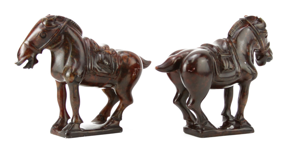 Pair of Mid 20th Century Chinese Carved Soapstone Tang Horse Figures. Unsigned.