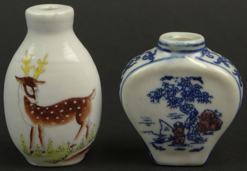 Chinese Blue and White Porcelain Snuff Bottle and a Chinese Porcelain Snuff Bottle with Deer Decoration. Blue and White Bottle Signed.